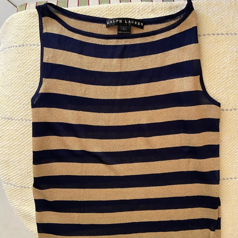 Vintage Ralph Lauren Blue & Gold Striped Lurex Knit Top - Nautical - Size L